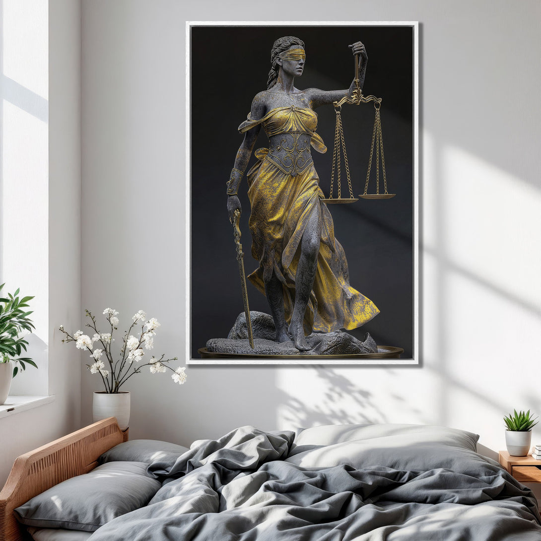 Framed Wall Art: Statue of Lady Justice in gold and grey tones. Elegant home decor piece, perfect for bedrooms. Add a touch of sophistication to your space.