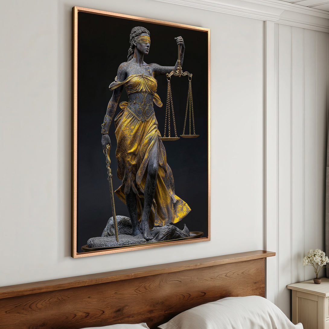 Framed Wall Art: Lady Justice Canvas Print in gold and black. Classic statue art for home decor. Sophisticated and elegant wall decor.