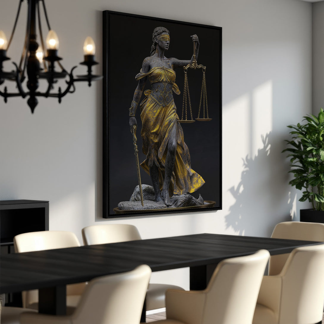 Framed Wall Art featuring Lady Justice statue in gold and gray tones, displayed in a modern dining room. Elevate your space with this elegant Canvas Print.