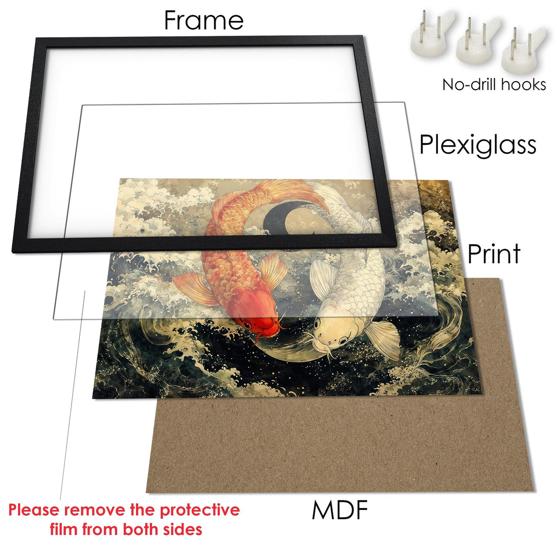 Framed Poster featuring koi fish art in a Japanese style with a warm, earthy color palette. Perfect wall decor!