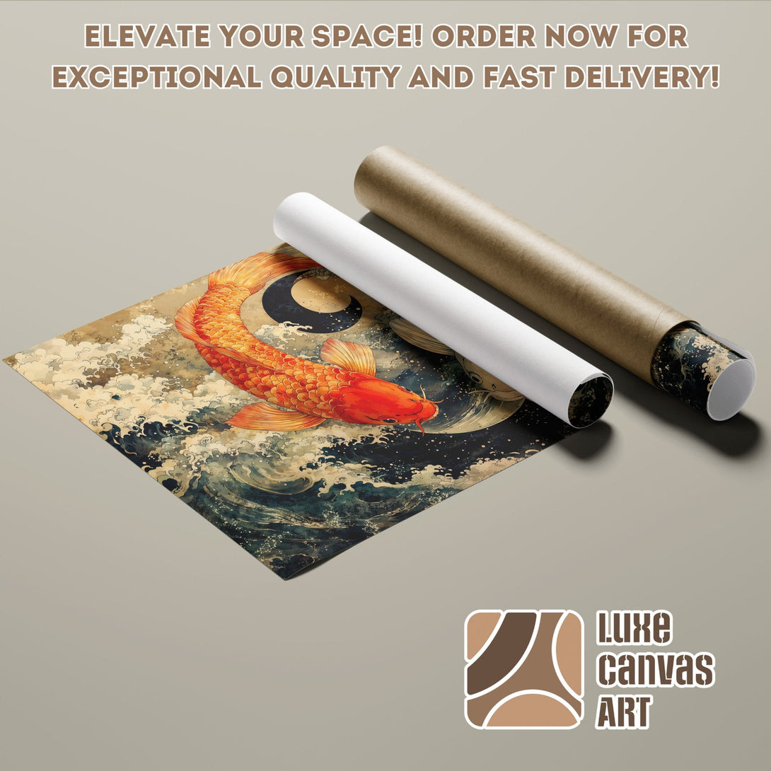 Koi fish Poster Roll in Japanese style art, featuring orange, blue, and brown tones. Elevate your space!
