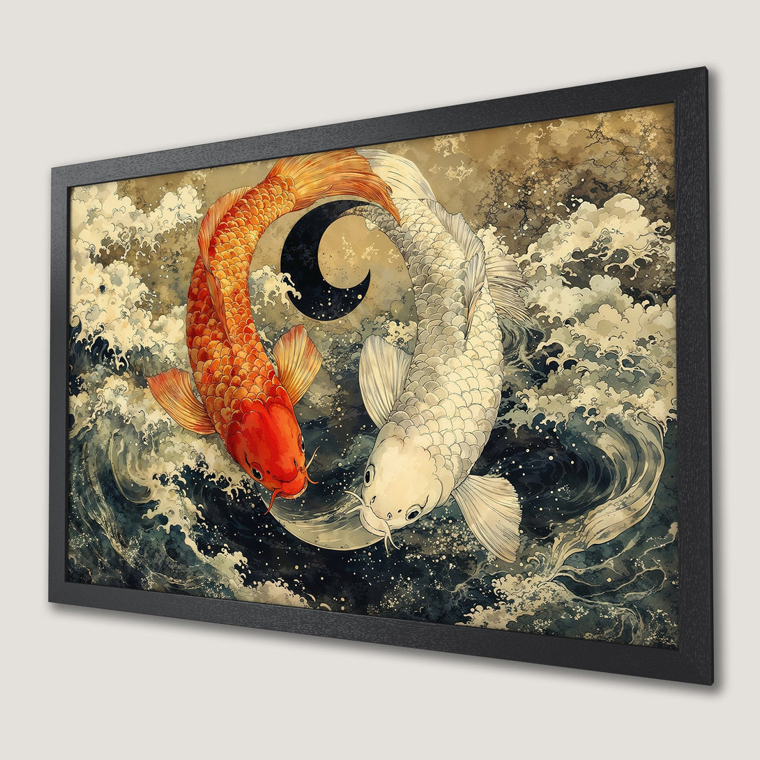 Framed Poster featuring koi fish in a Japanese style, with a vibrant orange, white, and blue color palette. Perfect wall art.