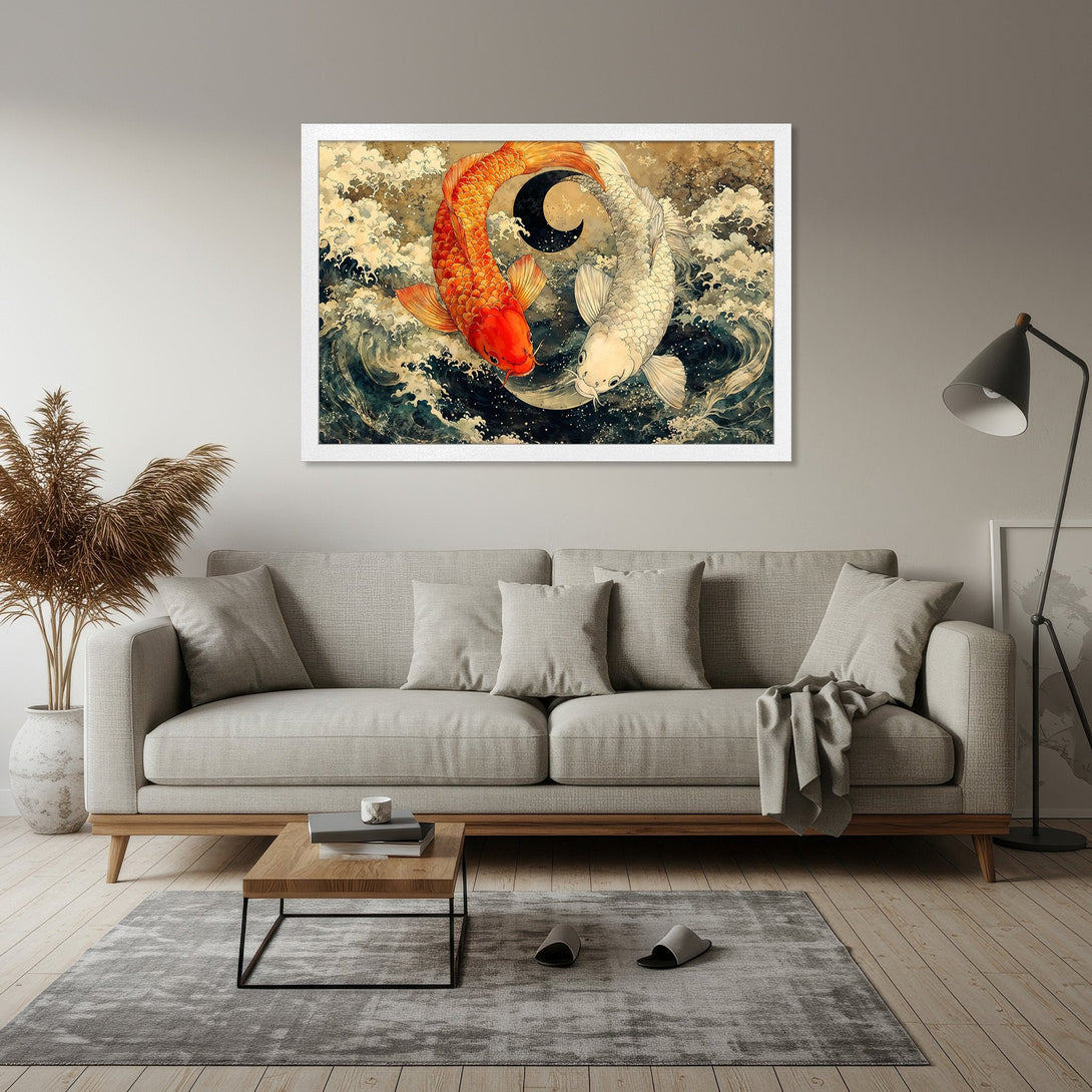 Framed Poster featuring koi fish in a Yin Yang design. Japanese art style with a blue, gold, and red color palette. Perfect wall decor.