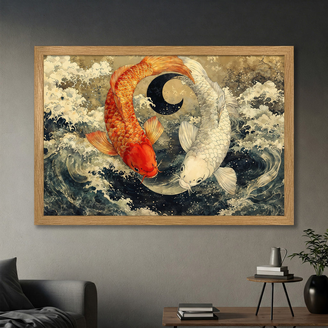 Framed Poster featuring koi fish in a yin yang design. Japanese art style with a blue, orange, and beige color palette. Perfect wall art.