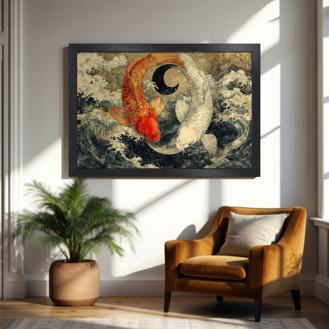 Framed Poster of Koi fish in traditional Japanese style, featuring a warm color palette of orange, white, and navy.