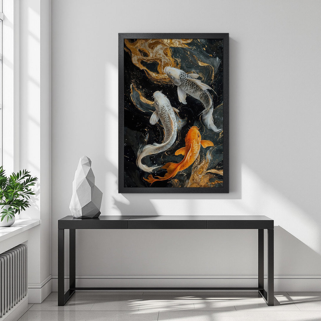 Framed Poster featuring koi fish art in a modern style with a black, gold, and white color palette. Perfect wall decor!