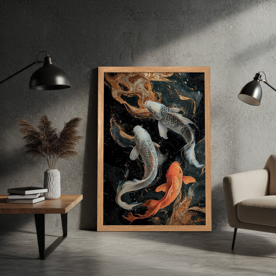 Framed Poster featuring koi fish art in a modern style, with a black, gold, and orange color palette. Perfect wall decor!