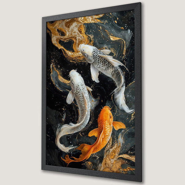 Framed Poster featuring koi fish in a flowing, abstract style. The artwork uses a black, gold, and white color palette for a modern aesthetic.