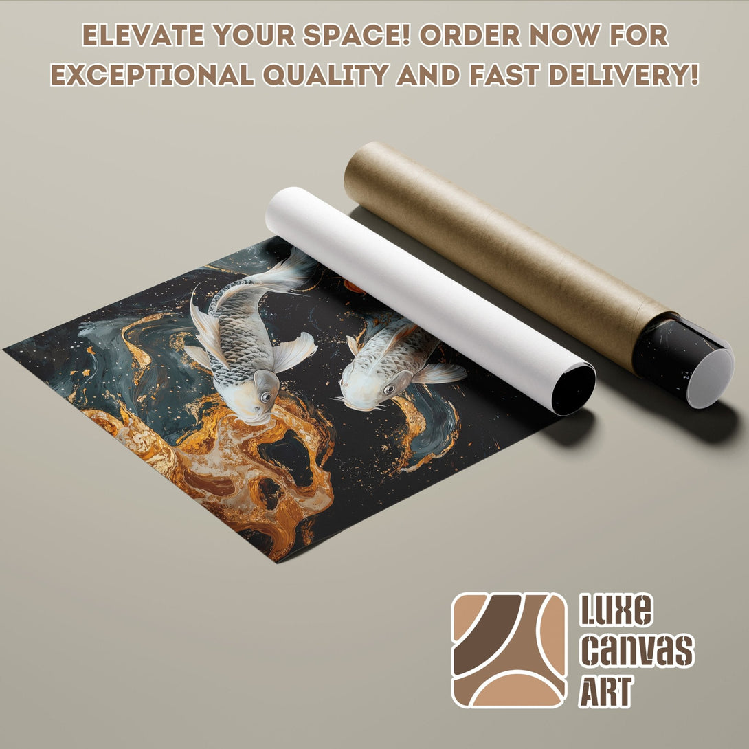 Koi fish art poster roll, black, gold, and teal color palette, modern style. Elevate your space!