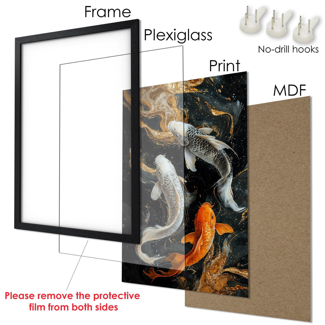 Framed Poster featuring koi fish art with a black, gold, and white color palette. Enhance your space with this stunning wall art!