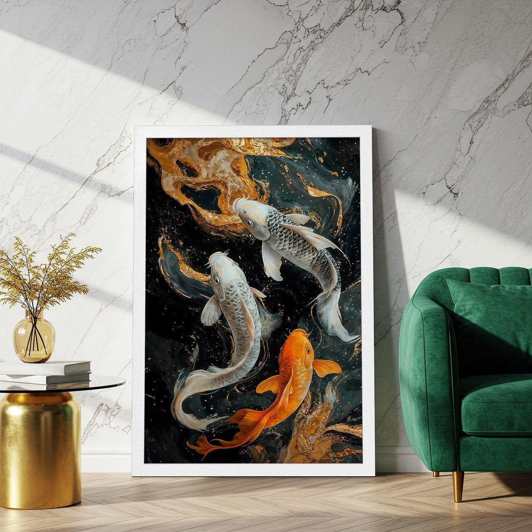 Framed Poster featuring koi fish art in a modern style with a dark, gold, and white color palette. Perfect wall decor!
