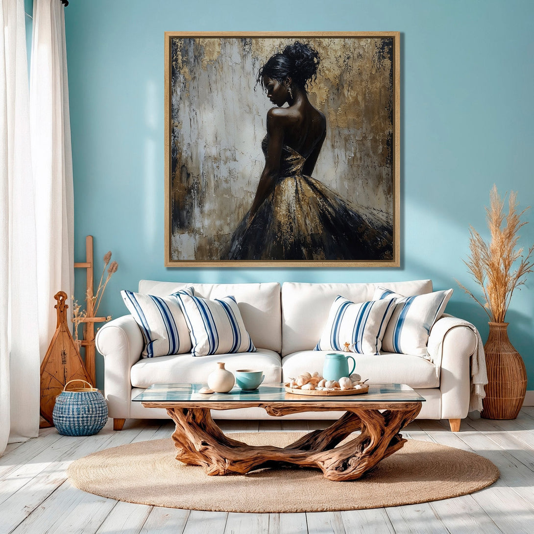 Framed Wall Art: Elegant woman portrait in gold and black, displayed in a stylish interior. Modern abstract style with a warm, neutral color palette.
