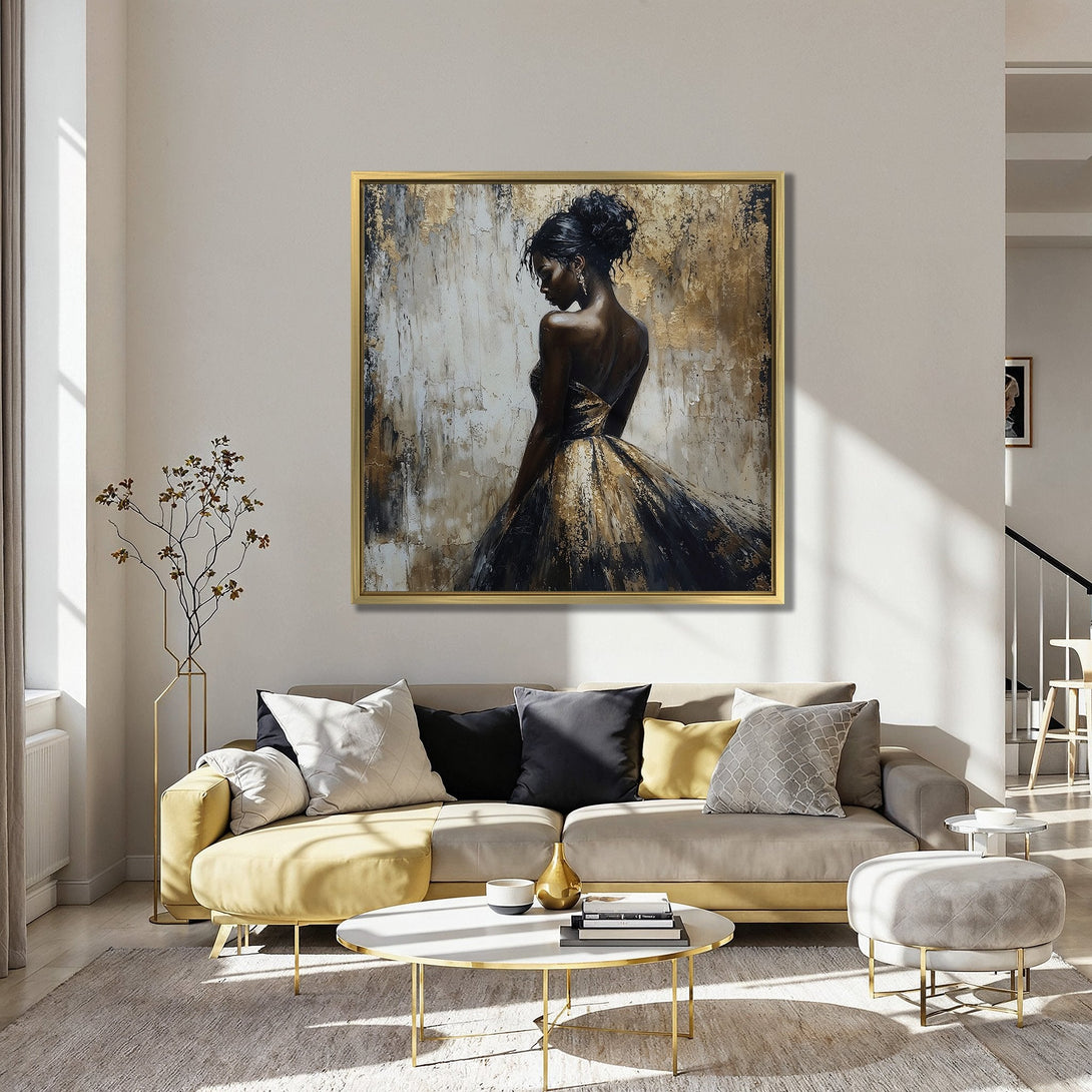 Canvas Print of elegant woman in gold and black dress, abstract style, displayed in a room with a teal wall and red chairs.