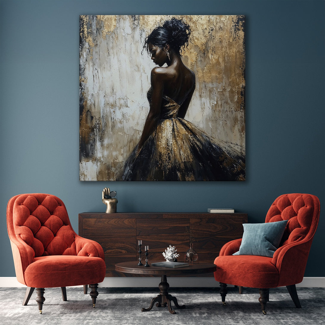 Framed Wall Art: Elegant woman portrait in gold & black, displayed in a modern living room. Abstract style, perfect for adding sophistication to your space.