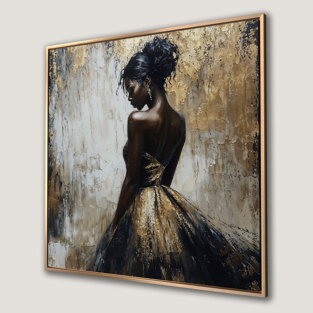 Framed Wall Art featuring a stunning woman in a gold and black dress. Abstract style with a neutral, warm color palette. Elevate your space with this elegant canvas print.