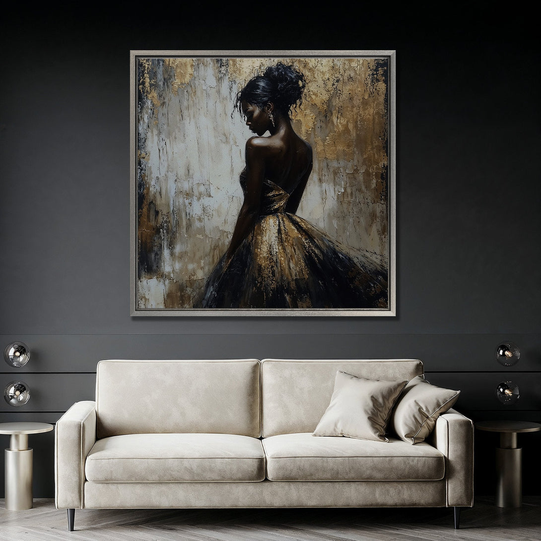 Framed Wall Art: Elegant woman in gold dress, abstract art style, displayed in modern interior. Features a neutral color palette, perfect for home decor.