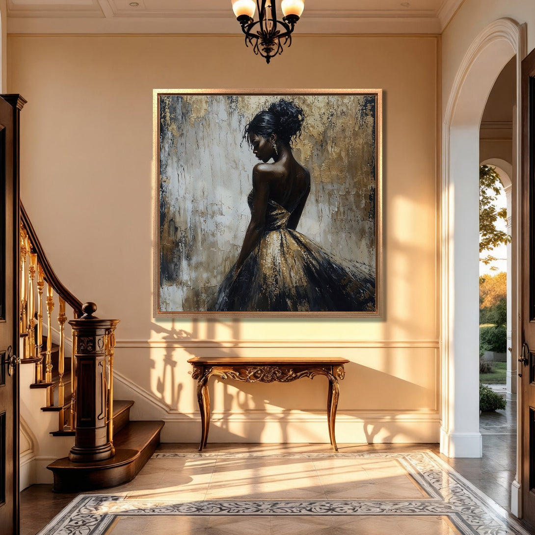 Framed Wall Art: Elegant woman in a gold and black dress, abstract style, displayed in a luxurious interior with warm neutral tones. Perfect for home decor.