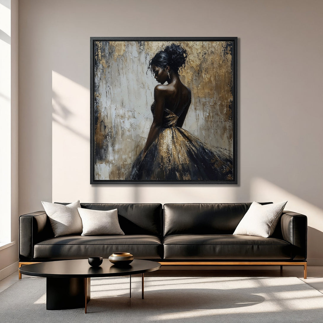 Framed Wall Art: Elegant woman portrait in gold and black abstract style. Stunning Canvas Print adds luxury to any interior.