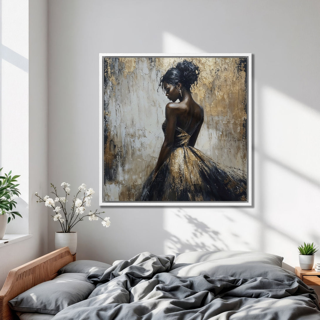 Framed Wall Art: Elegant woman in gold and black gown. Abstract style, neutral color palette. Perfect bedroom decor. Shop Canvas Prints today!