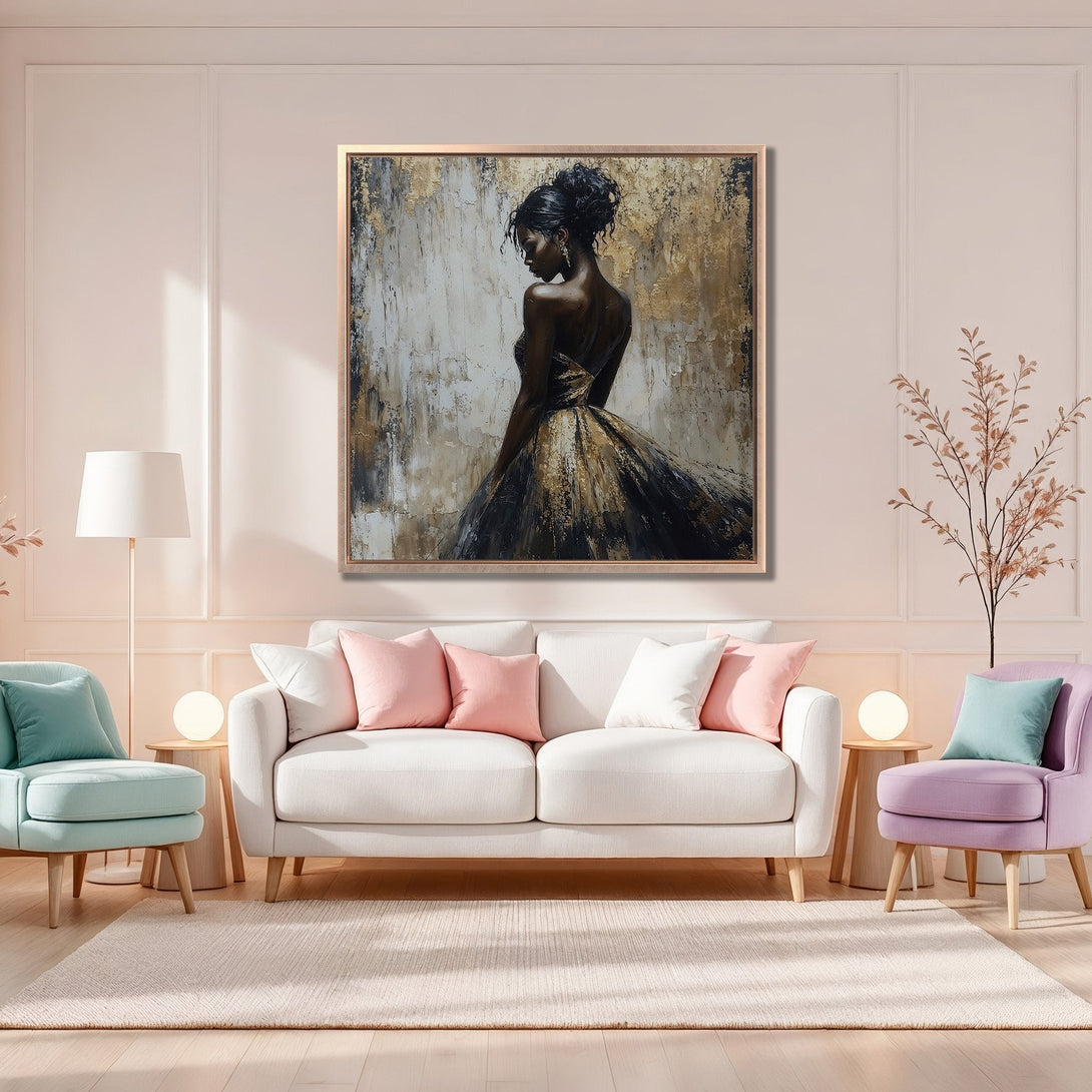 Framed Wall Art featuring an elegant woman in a gold and black dress. Modern abstract style, warm neutral color palette. Perfect for living room decor.