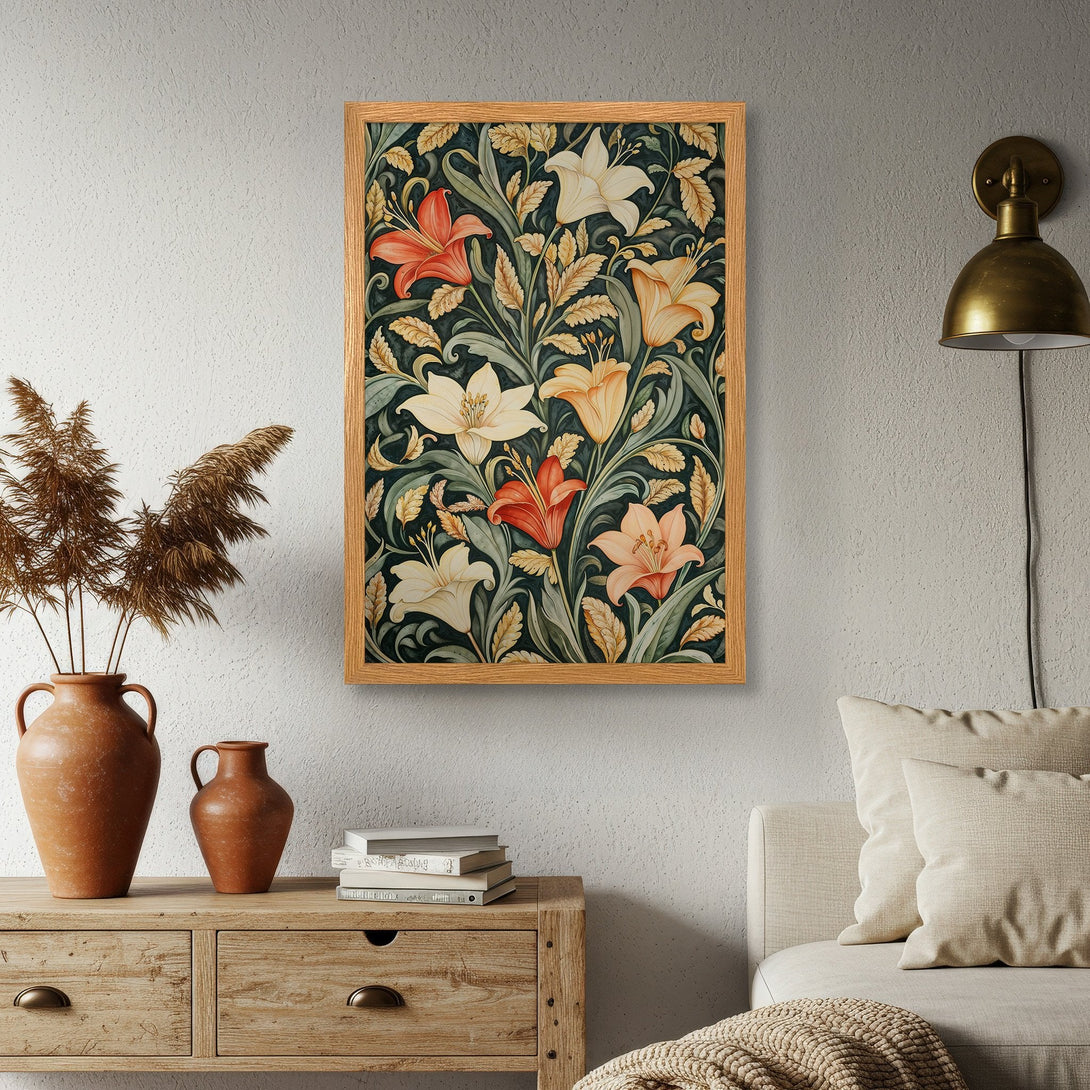 Framed Poster featuring floral art in a vintage style with a dark green and warm color palette. Perfect wall decor!
