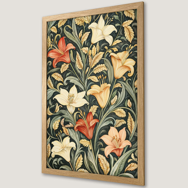 Framed Poster featuring floral art in a vintage style with a dark green and warm color palette. Perfect wall decor for any room!