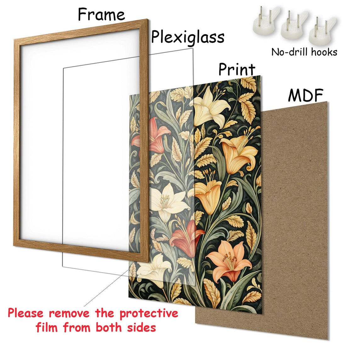 Framed Poster featuring floral art in a vintage style with a dark green, orange, and cream color palette. Perfect wall decor!