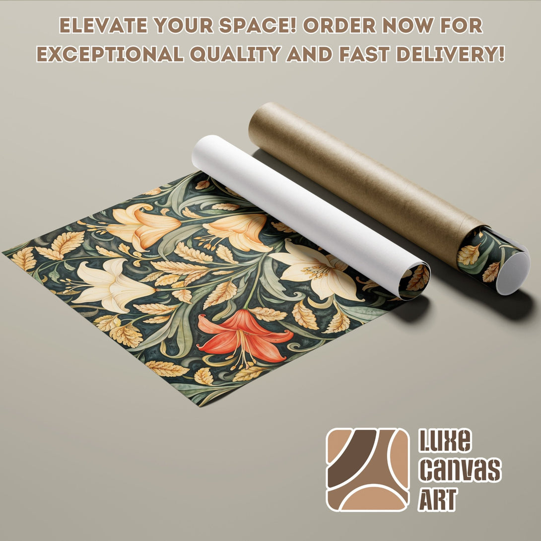 Poster Roll featuring a floral design in a vintage style with a dark green and warm color palette. Order now!