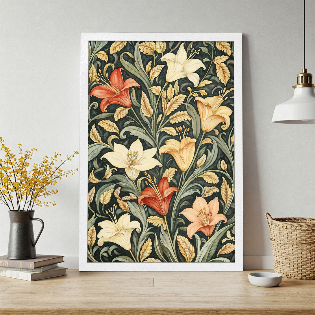 Framed Poster featuring floral art in a vintage style with a dark green, orange, and cream color palette. Perfect wall decor!