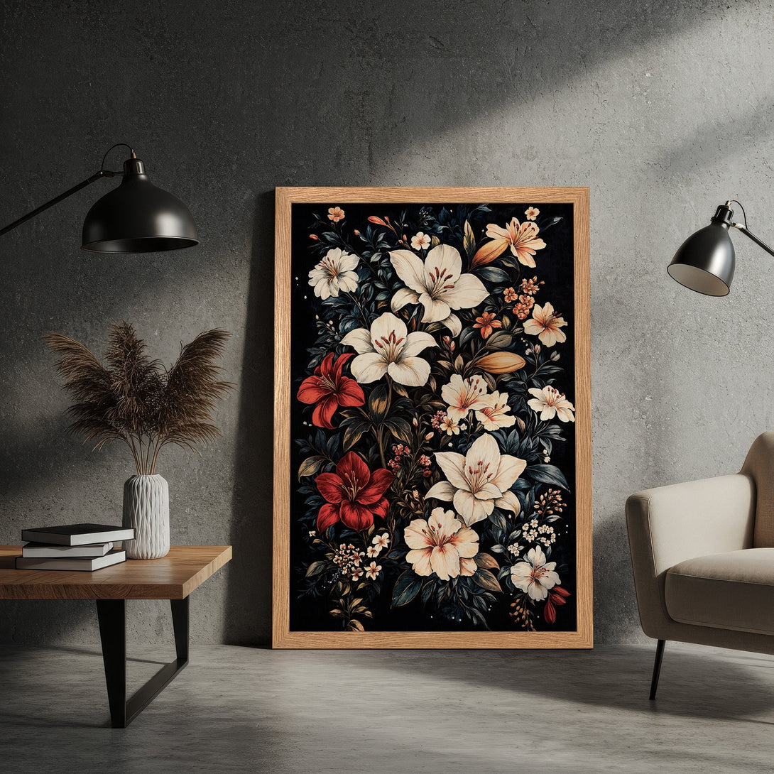 Framed Poster featuring a floral design with a dark background, in a vintage style with a warm color palette. Perfect wall art!