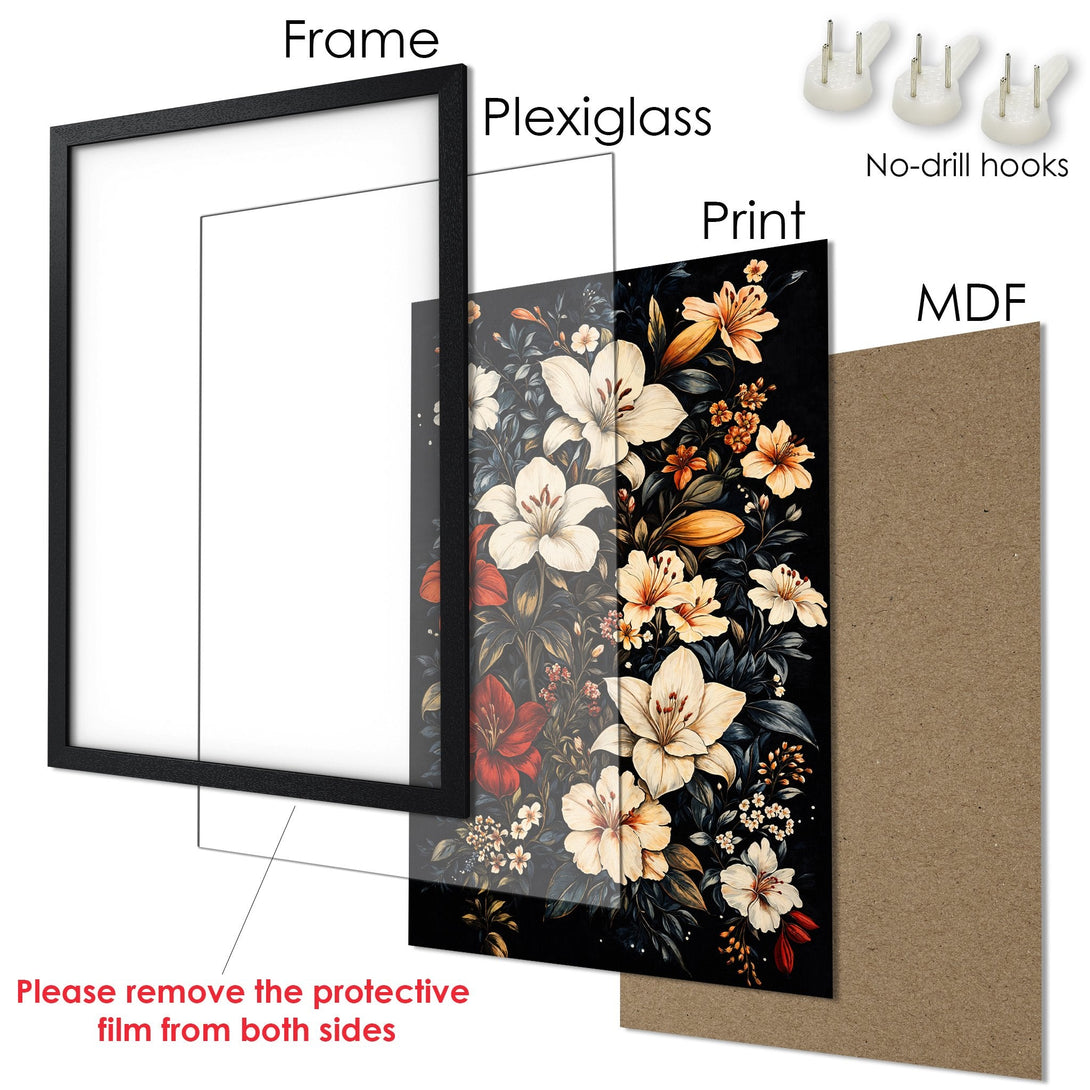 Framed Poster featuring floral art in a dark, moody style with a warm color palette. Perfect wall decor for your home.
