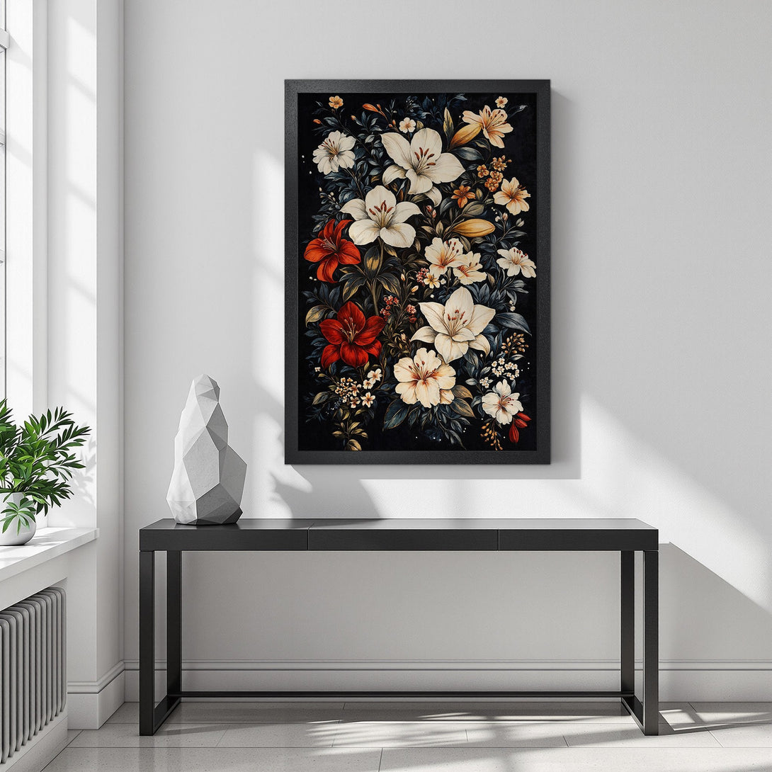 Framed Poster featuring a floral design with white, red, and cream flowers on a dark background. Elegant art for home decor.