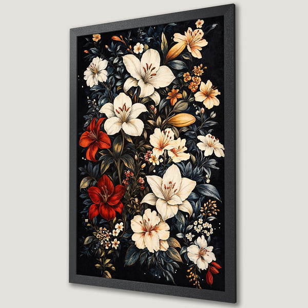 Framed Poster featuring a floral design with white, red, and yellow flowers on a black background. Perfect wall art!