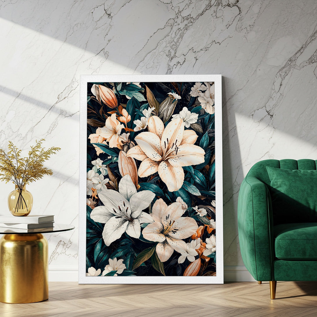Framed Poster featuring elegant floral art, showcasing lilies in a dark, moody style with a teal, cream, and orange color palette.