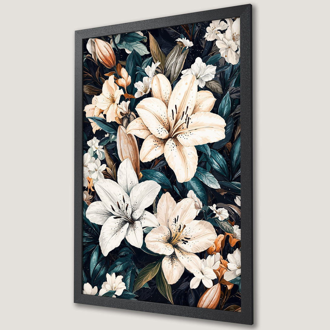 Framed Poster featuring a floral design with white lilies, teal leaves, and a dark color palette. Perfect wall art for your home!