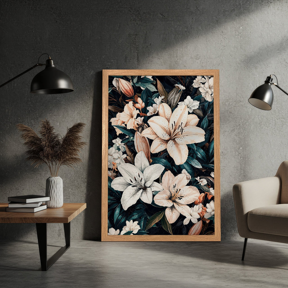 Framed Poster featuring elegant floral art in a dark, moody style with a cream and teal color palette. Perfect wall decor!