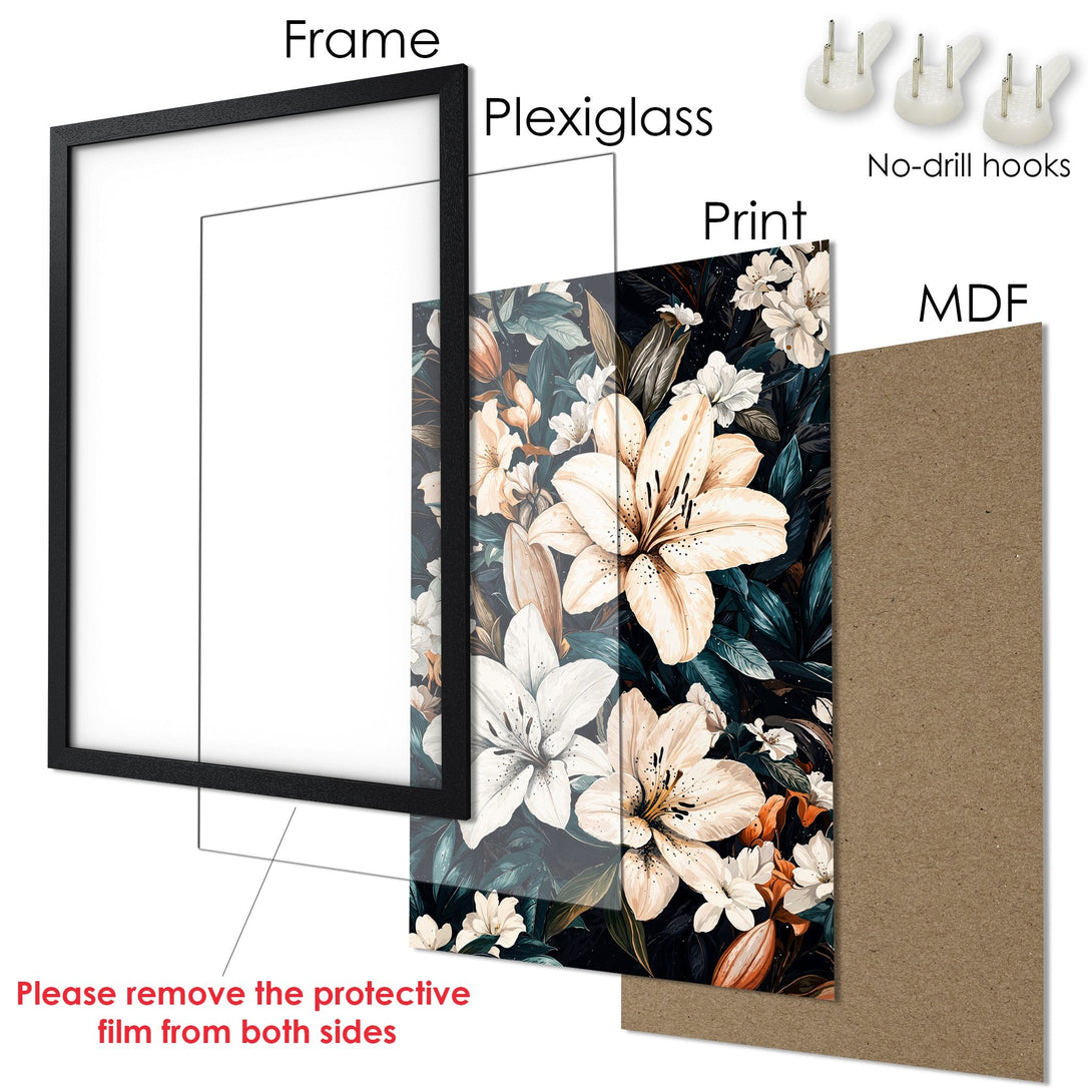 Framed Poster featuring a floral design in a dark, elegant style with a teal and cream color palette. Ready to hang art.