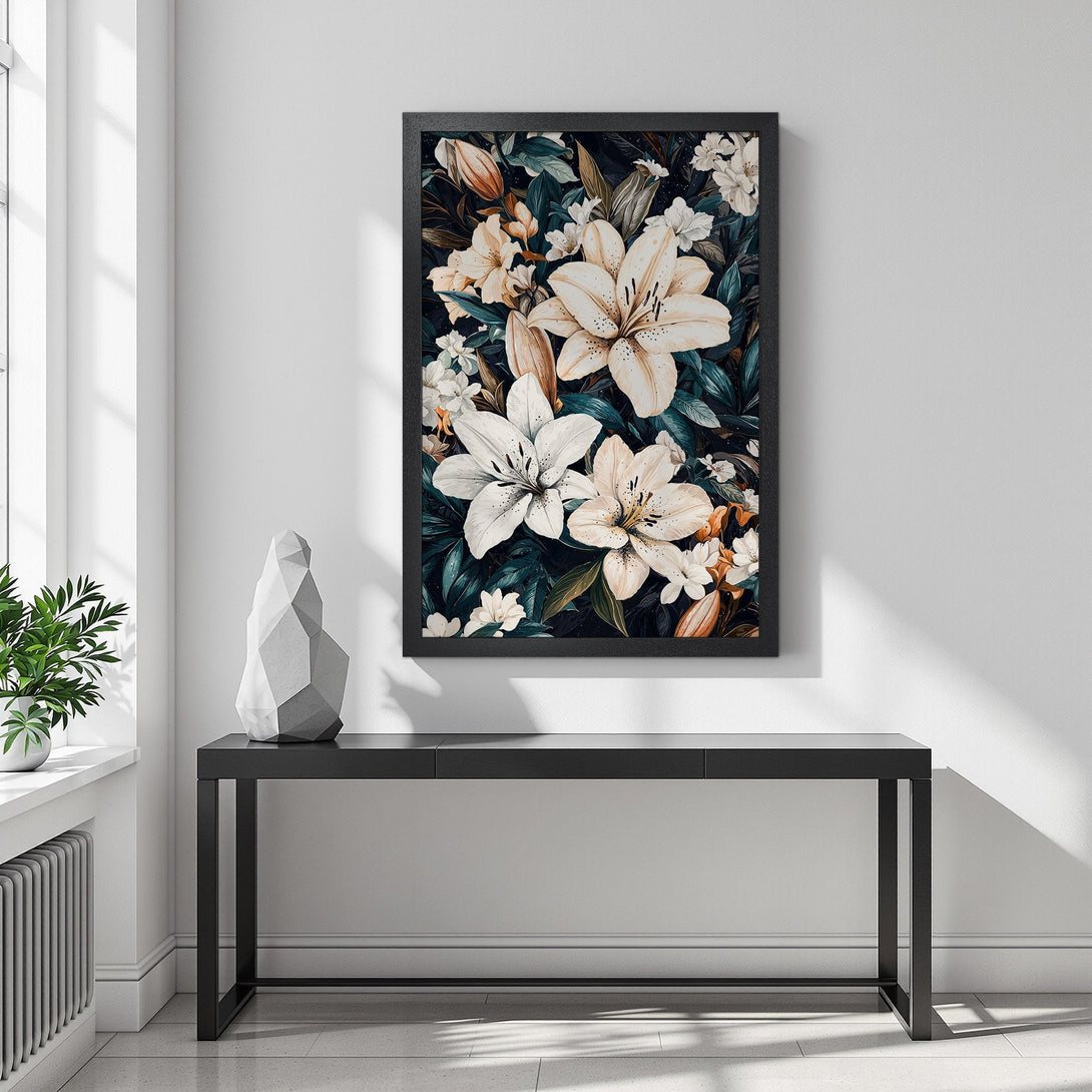 Framed Poster featuring elegant white lily floral art with a dark, moody color palette. Perfect for adding a touch of nature to your home decor.