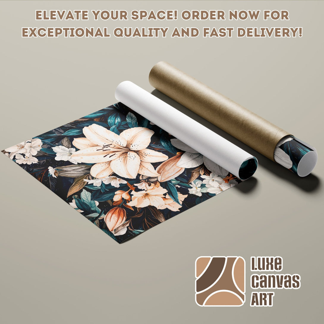 Floral Poster Roll with dark background, teal, orange, and cream color palette. Elevate your space!