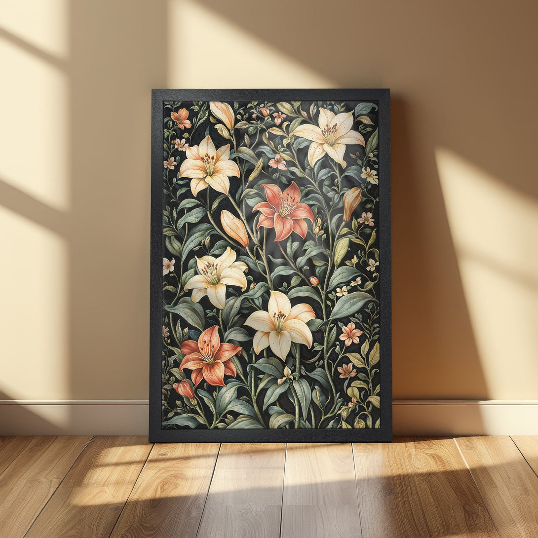 Framed Poster featuring a floral design with lilies in a vintage style, with a dark background and warm color palette.
