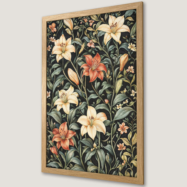 Framed Poster featuring floral design with lilies in warm tones on a black background. Perfect wall art for any room.