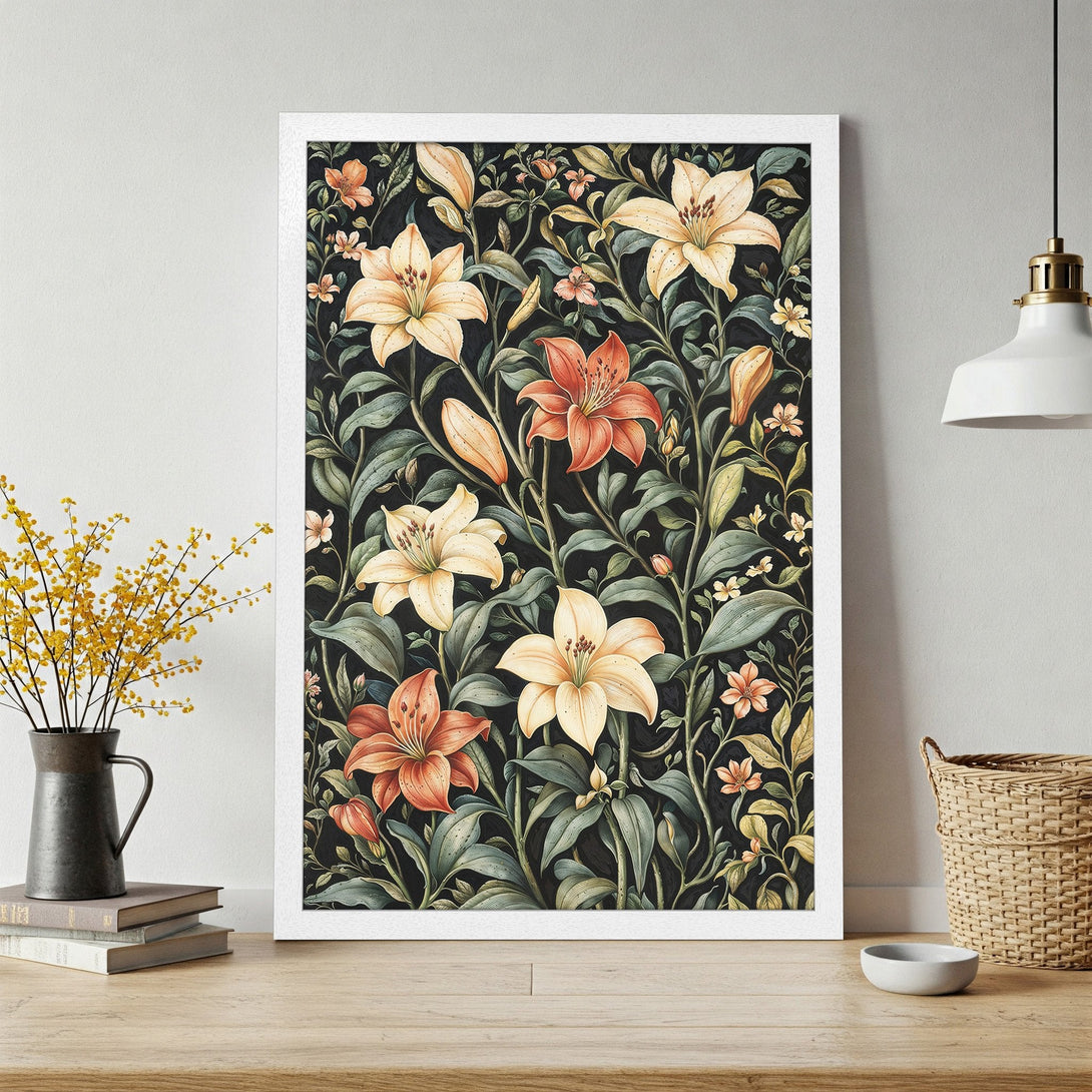 Framed Poster featuring a floral design with lilies in a vintage style, showcasing a dark and moody color palette.