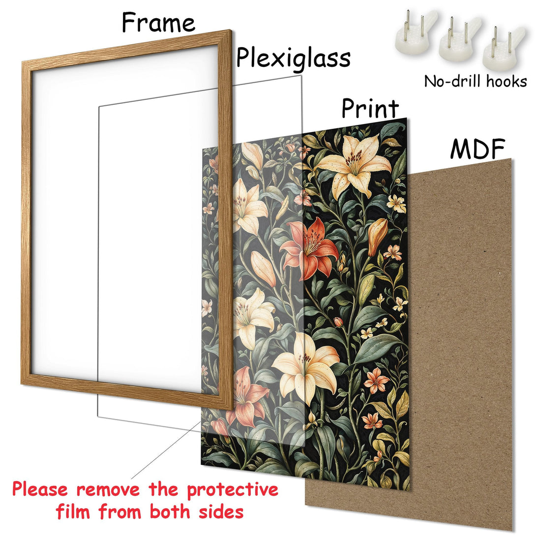 Framed Poster with floral design in warm tones. Elegant art print for your home. Easy to hang with included hooks.