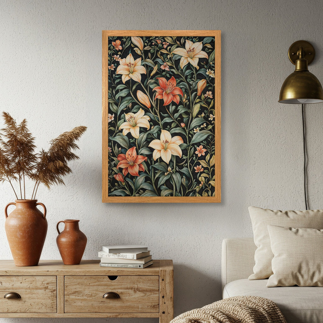 Framed Poster featuring floral artwork in a vintage style with a dark, moody color palette. Perfect wall art for your home!