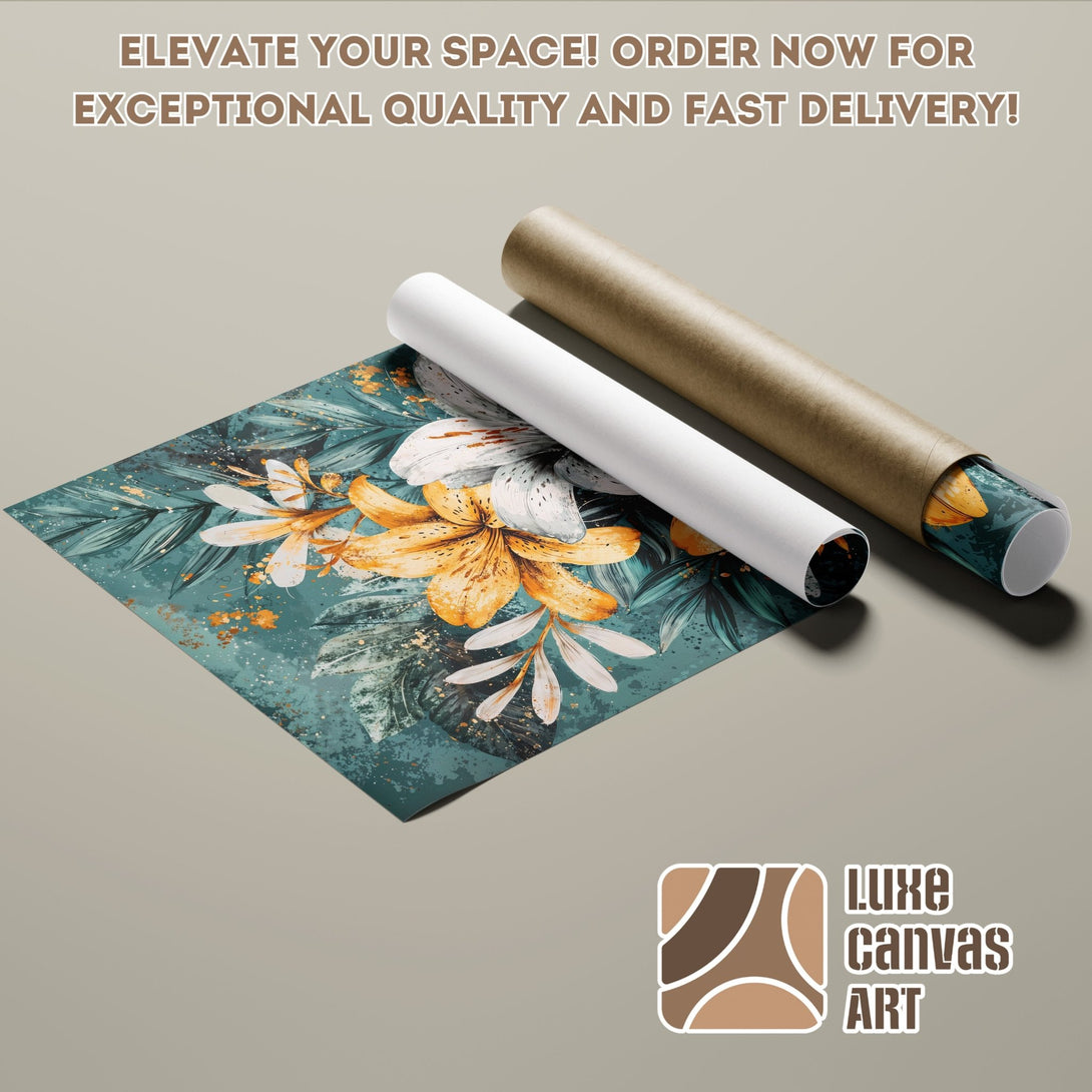 Poster Roll featuring floral art in teal, gold, and white. Elevate your space with this stunning art print! Order now!