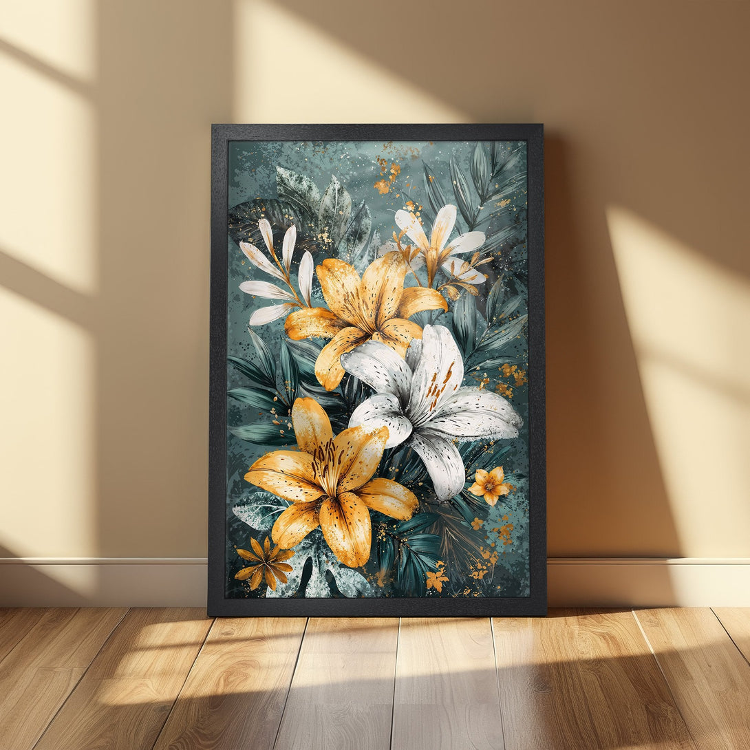 Framed Poster featuring vibrant floral art with lilies, teal and gold color palette, perfect wall decor.
