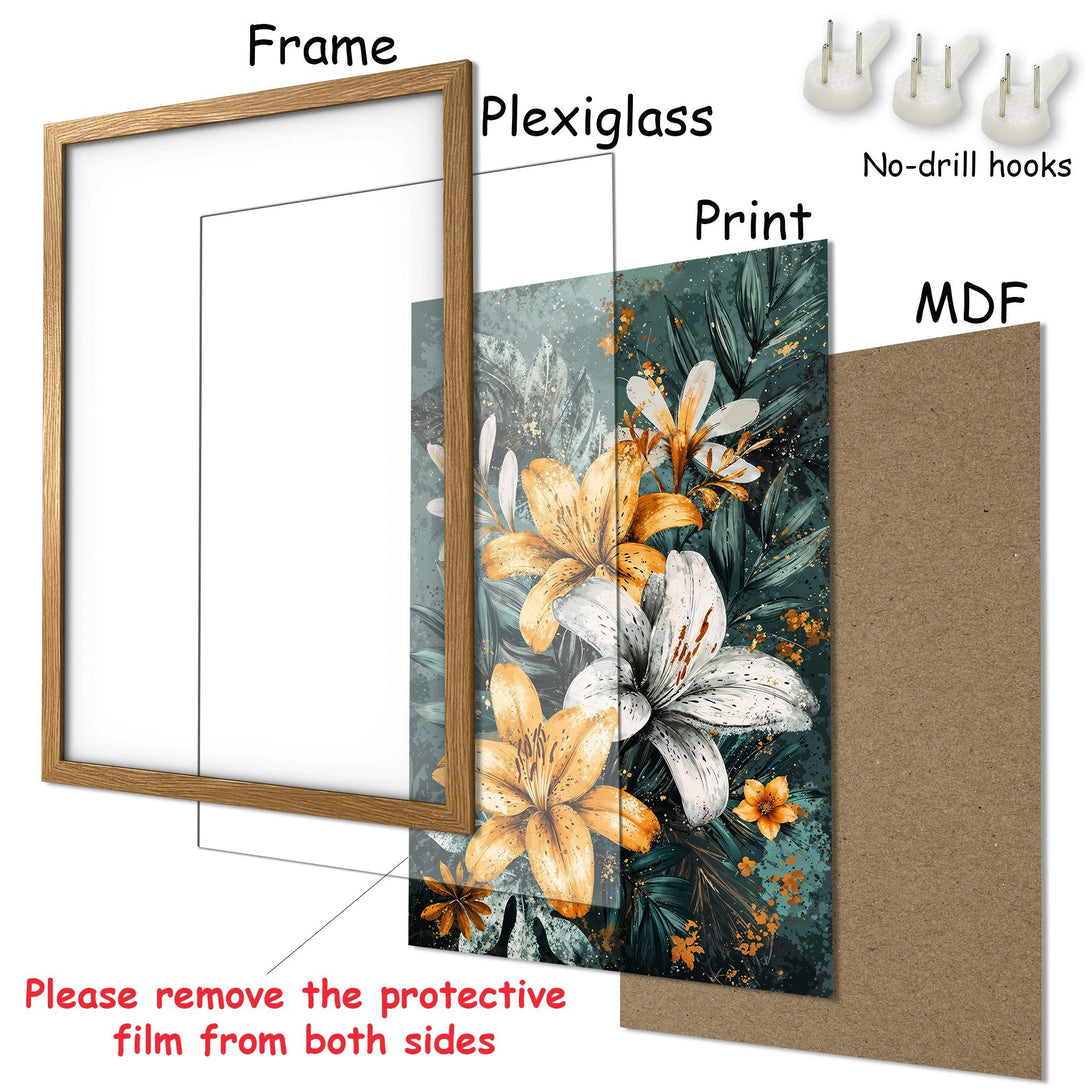Framed Poster featuring floral art in teal, gold, and white. Modern style, perfect for home decor. Easy to hang with included hooks.