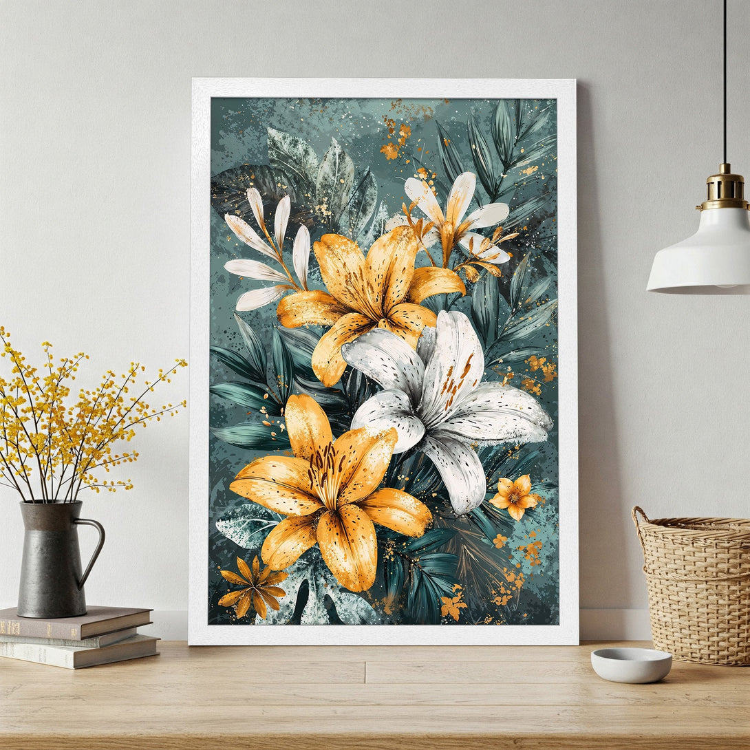 Framed Poster featuring watercolor floral art with yellow, white, and teal hues. Perfect wall decor for a modern home.