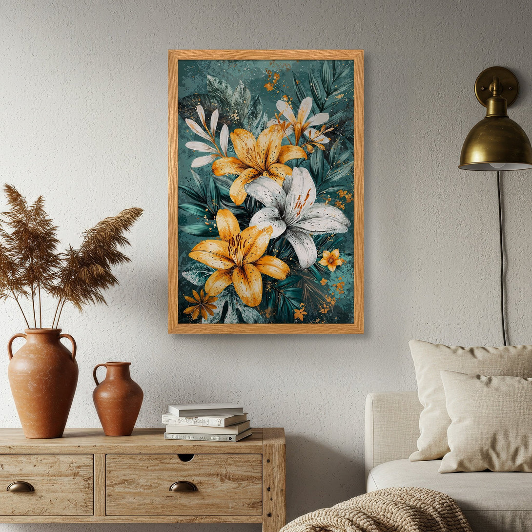 Framed Poster featuring floral art in a watercolor style with a teal and gold color palette. Perfect wall decor for a modern home.