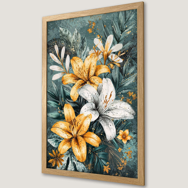 Framed Poster featuring watercolor floral art with yellow & white lilies on a teal background. Modern botanical print.